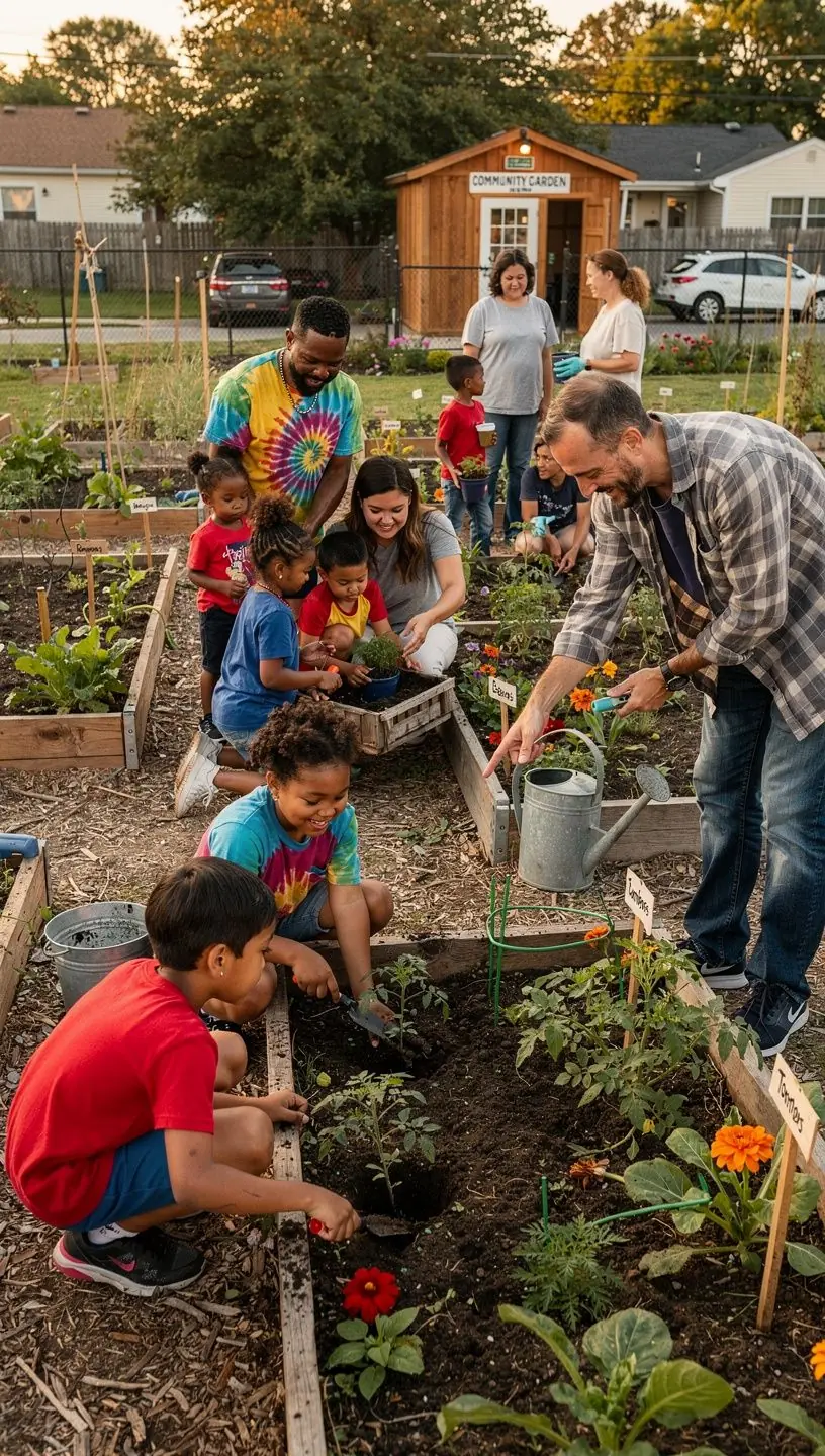 Guide to seasonal planting with garden tools and plants.